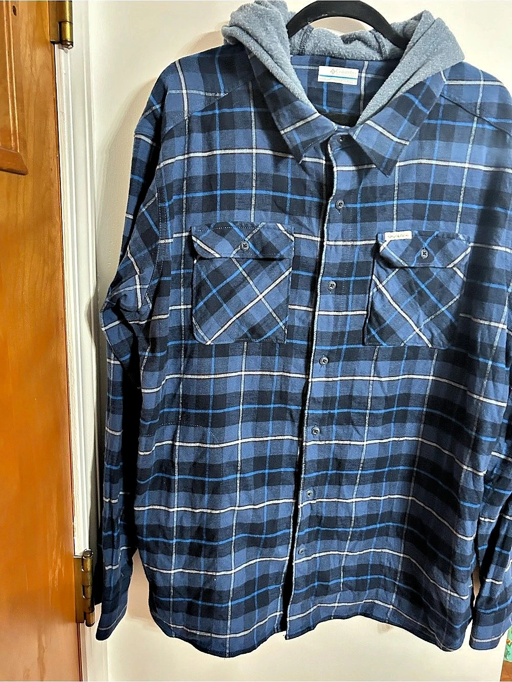 Columbia Hooded Flannel Shirt Jacket Blue & Black XXL/2TG